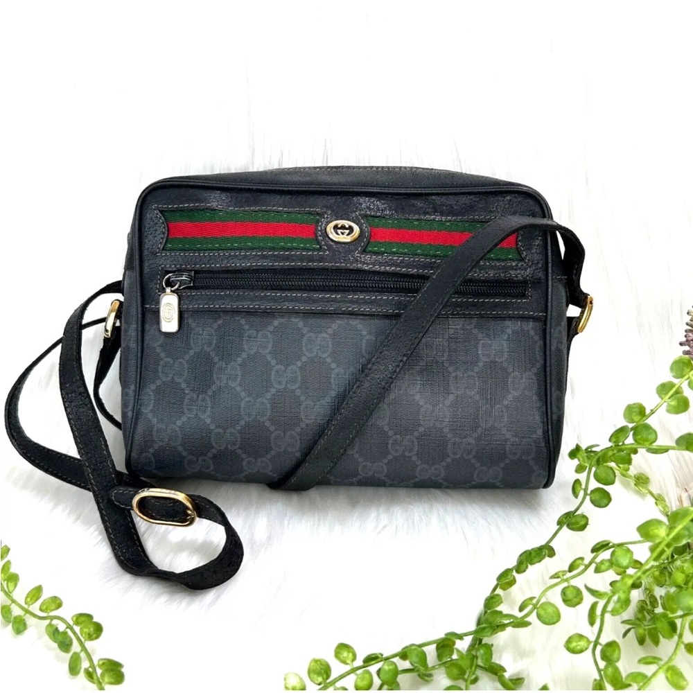 *Rare!* Vintage GUCCI Shoulder Bag Sherry Line PVC Leather Black Purse